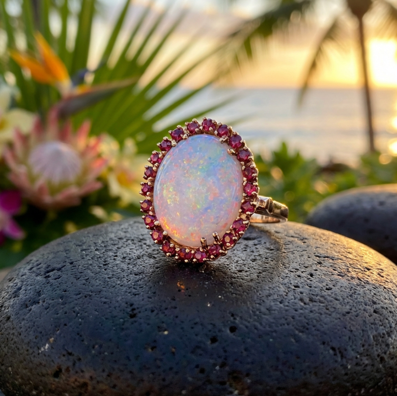 Estate Australian White Opal & Red Spinel Halo Ring in 14K