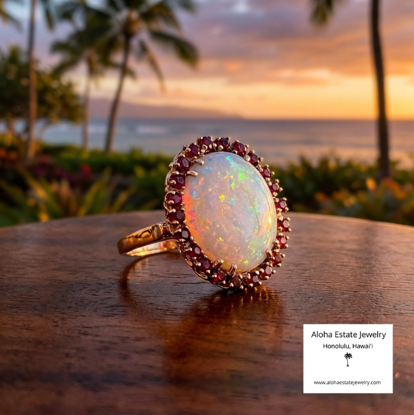 Estate Australian White Opal & Red Spinel Halo Ring in 14K