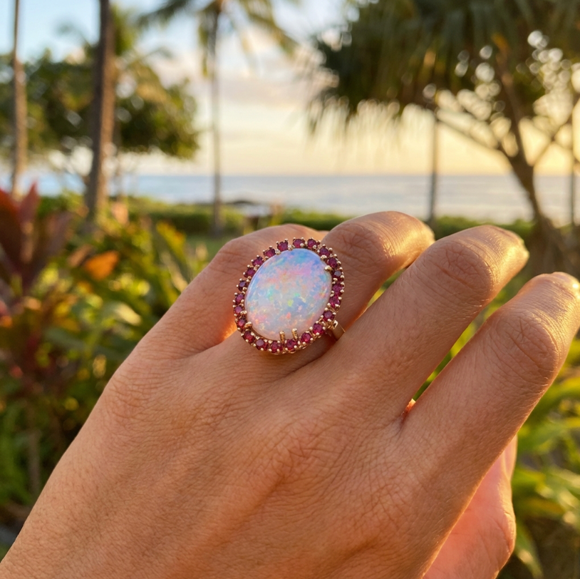 Estate Australian White Opal & Red Spinel Halo Ring in 14K