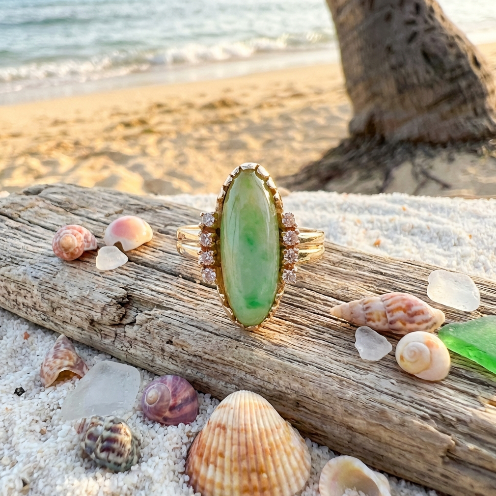 Vintage Jadeite and Diamonds Cabochon Ring