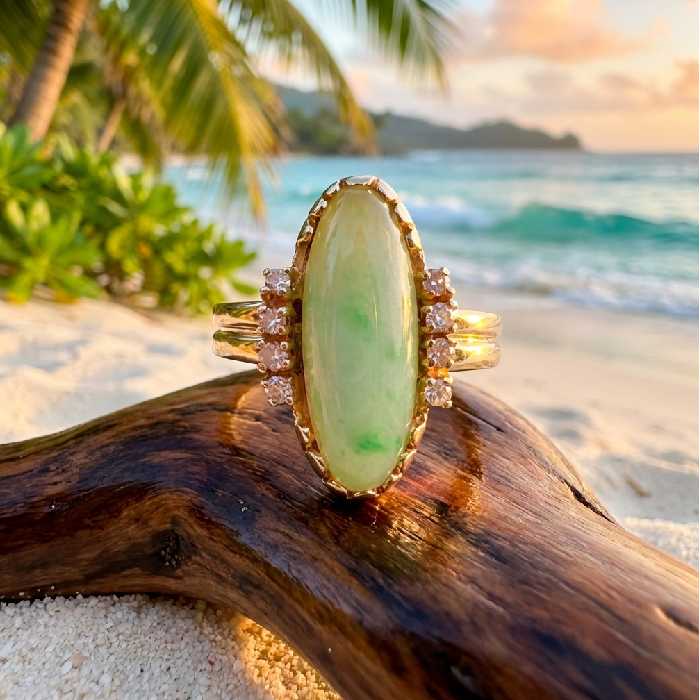 Vintage Jadeite and Diamonds Cabochon Ring