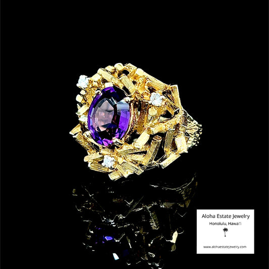 Geometric Modernist / Architectural Amethyst & Diamond Ring