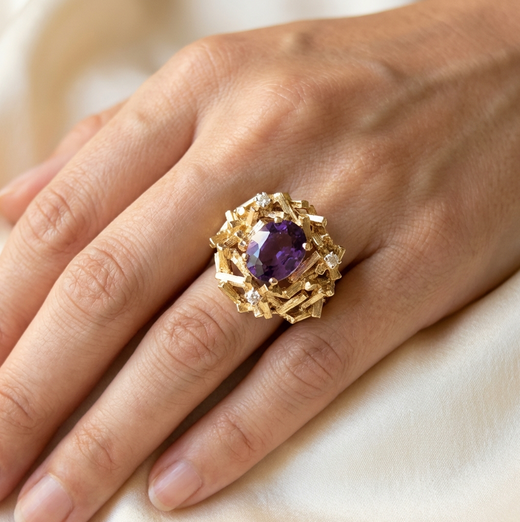 Geometric Modernist / Architectural Amethyst & Diamond Ring