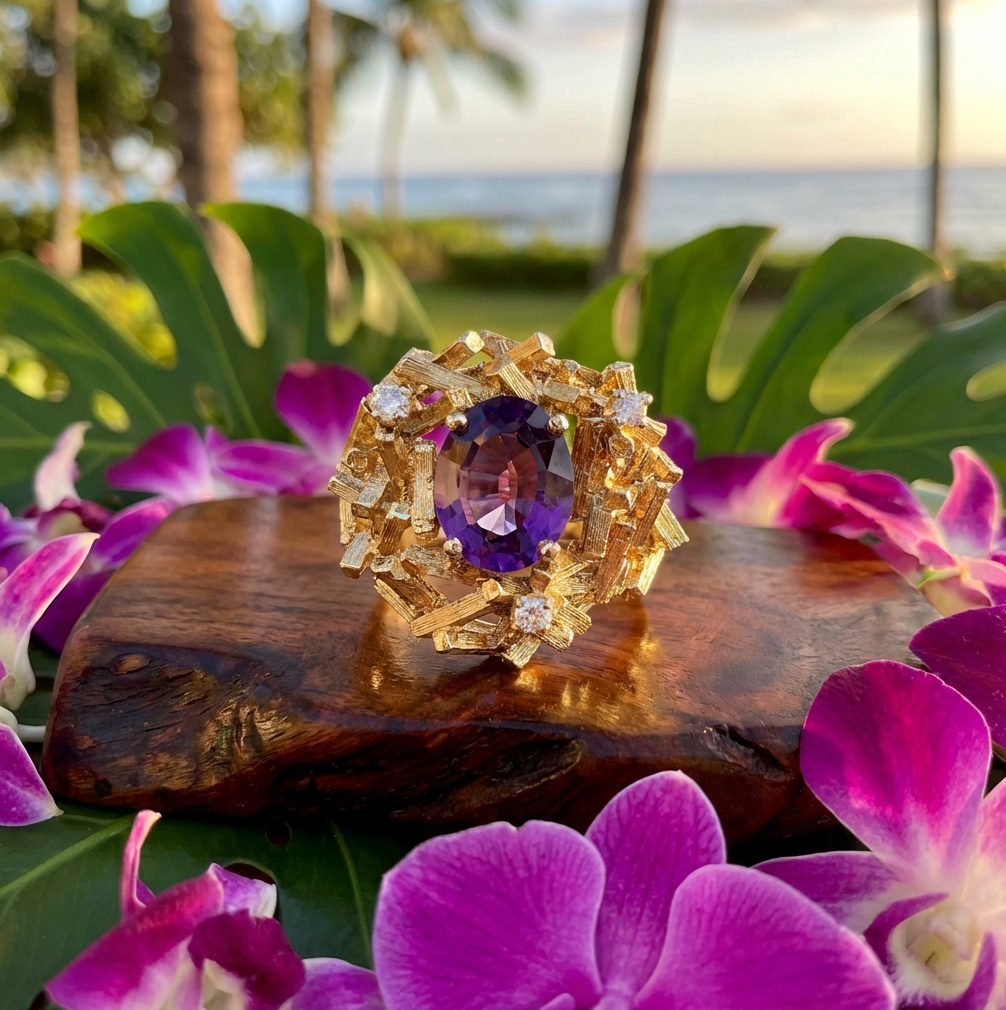 Geometric Modernist / Architectural Amethyst & Diamond Ring