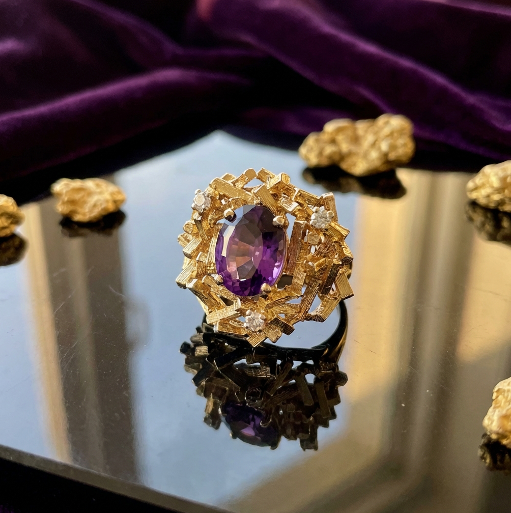 Geometric Modernist / Architectural Amethyst & Diamond Ring