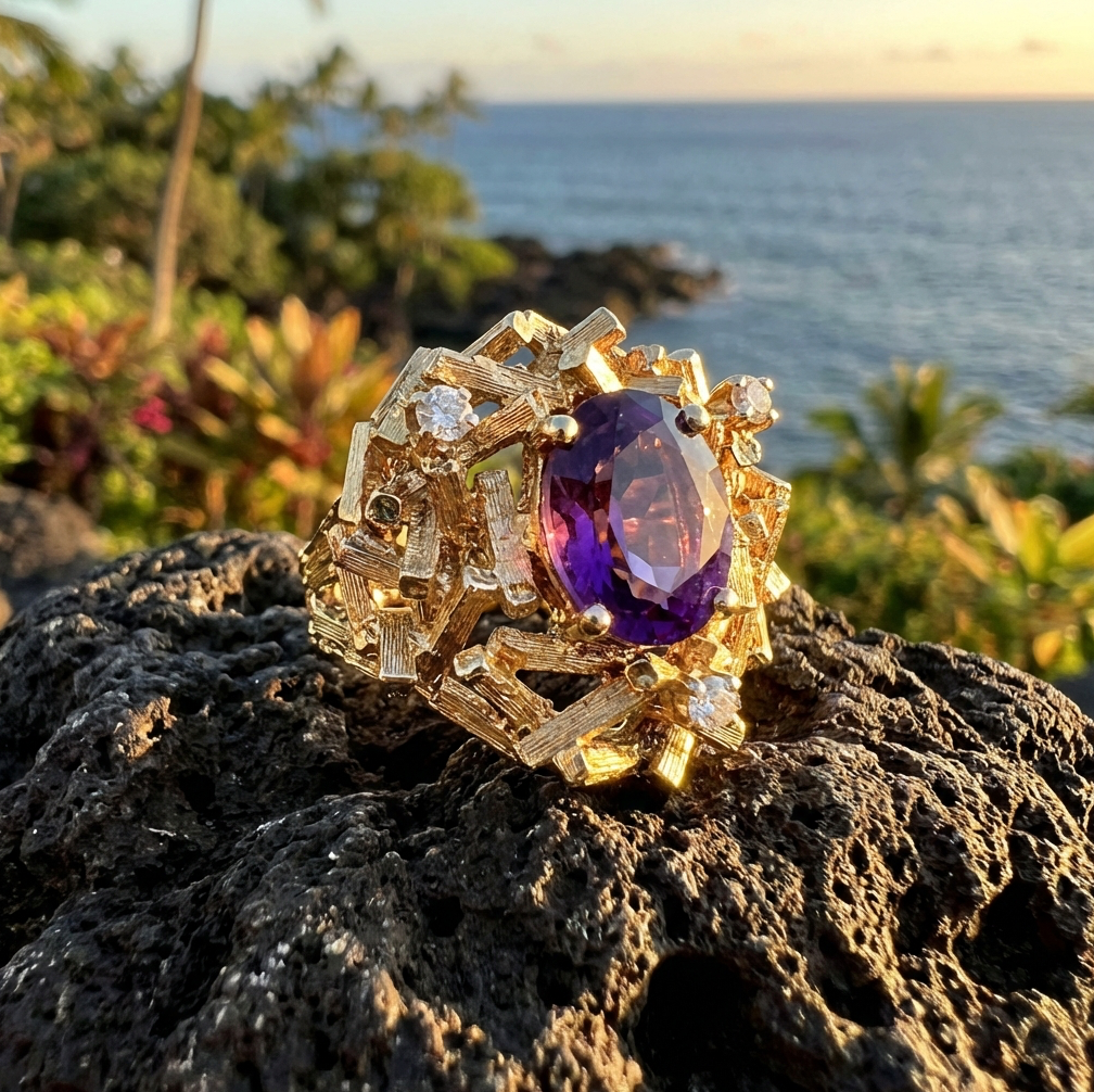 Geometric Modernist / Architectural Amethyst & Diamond Ring
