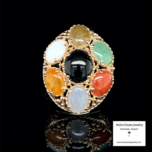 Vintage Multi-Color Jade Cabochon Ring in 14K Setting