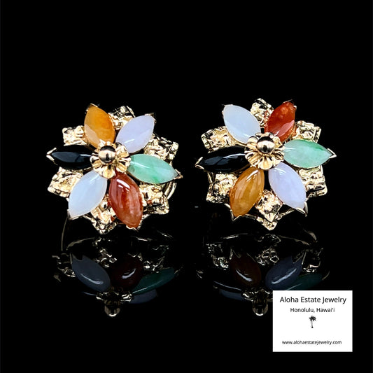 Vintage Mid-Century Multi-Color Jade Earrings in 14K