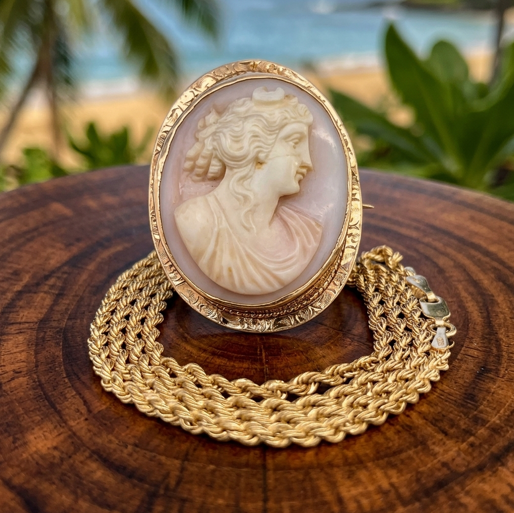 Lovely Mid-Century Hand-Carved Cameo in 10K with 10K Chain