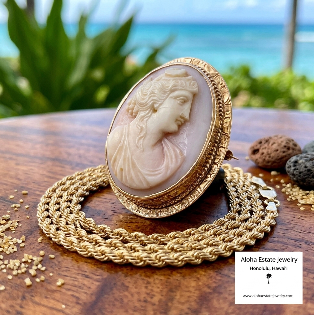 Lovely Mid-Century Hand-Carved Cameo in 10K with 10K Chain