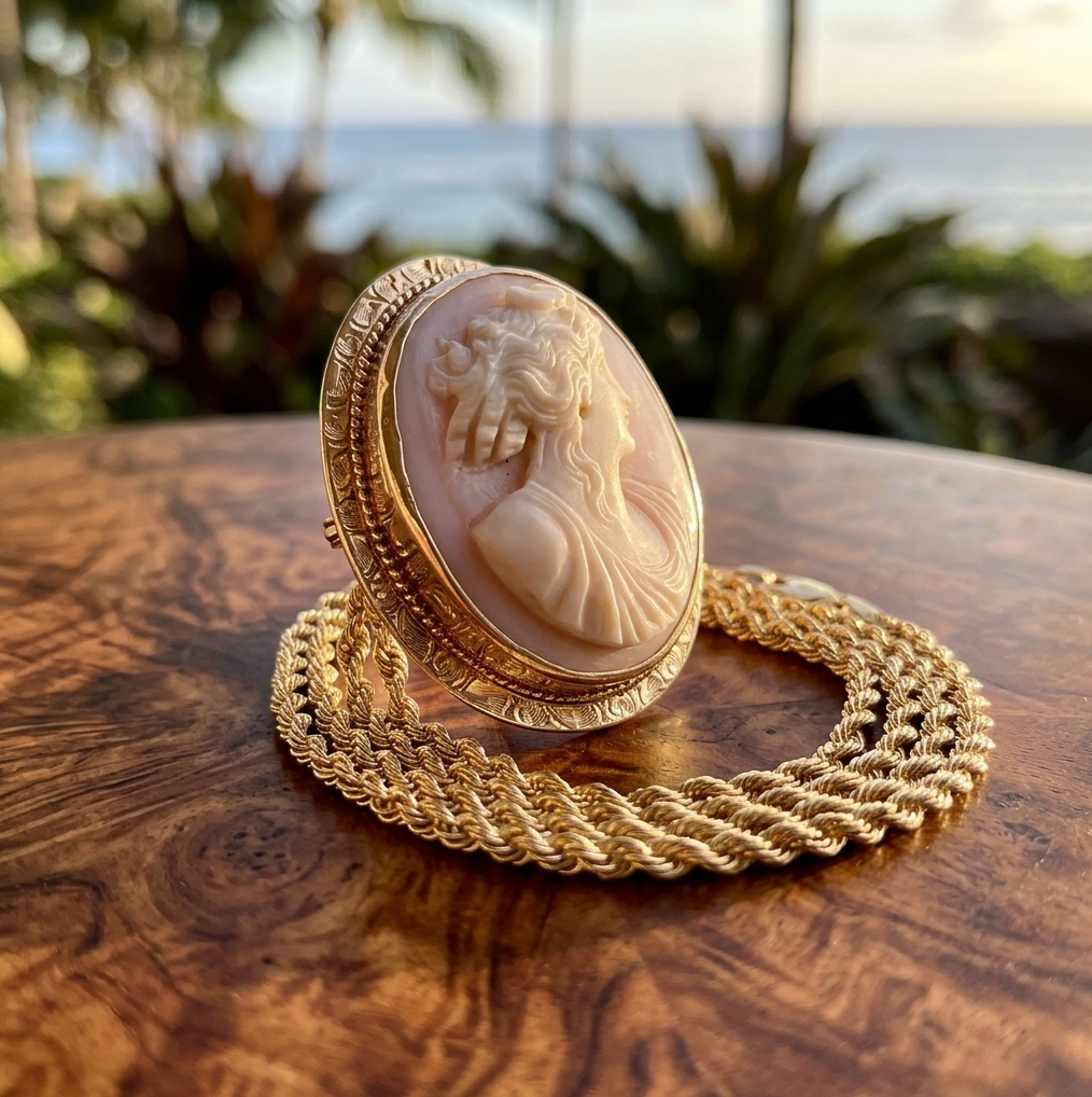 Lovely Mid-Century Hand-Carved Cameo in 10K with 10K Chain