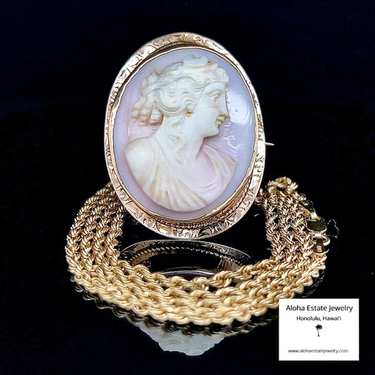 Lovely Mid-Century Hand-Carved Cameo in 10K with 10K Chain