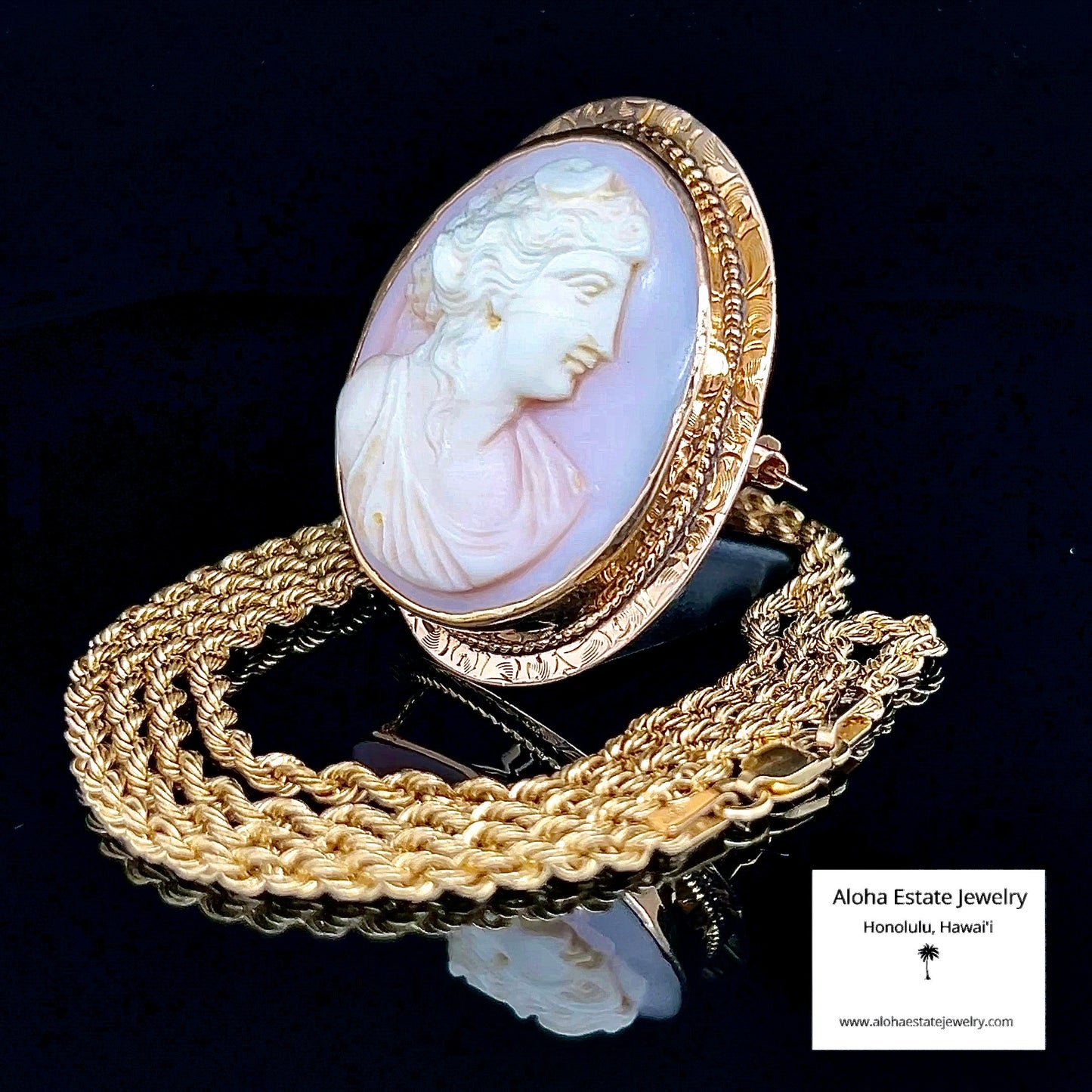 Lovely Mid-Century Hand-Carved Cameo in 10K with 10K Chain