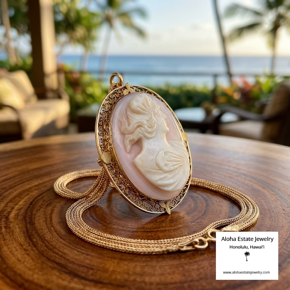 Lovely Mid-Century Hand-Carved Cameo in 10K with 14K Chain