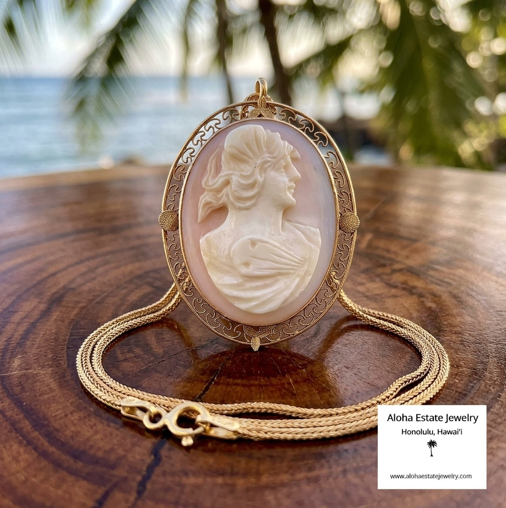 Lovely Mid-Century Hand-Carved Cameo in 10K with 14K Chain