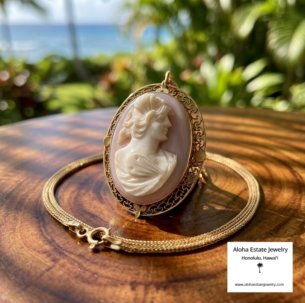 Lovely Mid-Century Hand-Carved Cameo in 10K with 14K Chain