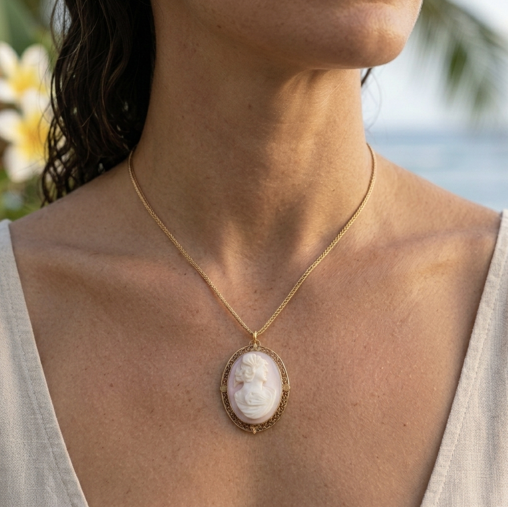 Lovely Mid-Century Hand-Carved Cameo in 10K with 14K Chain