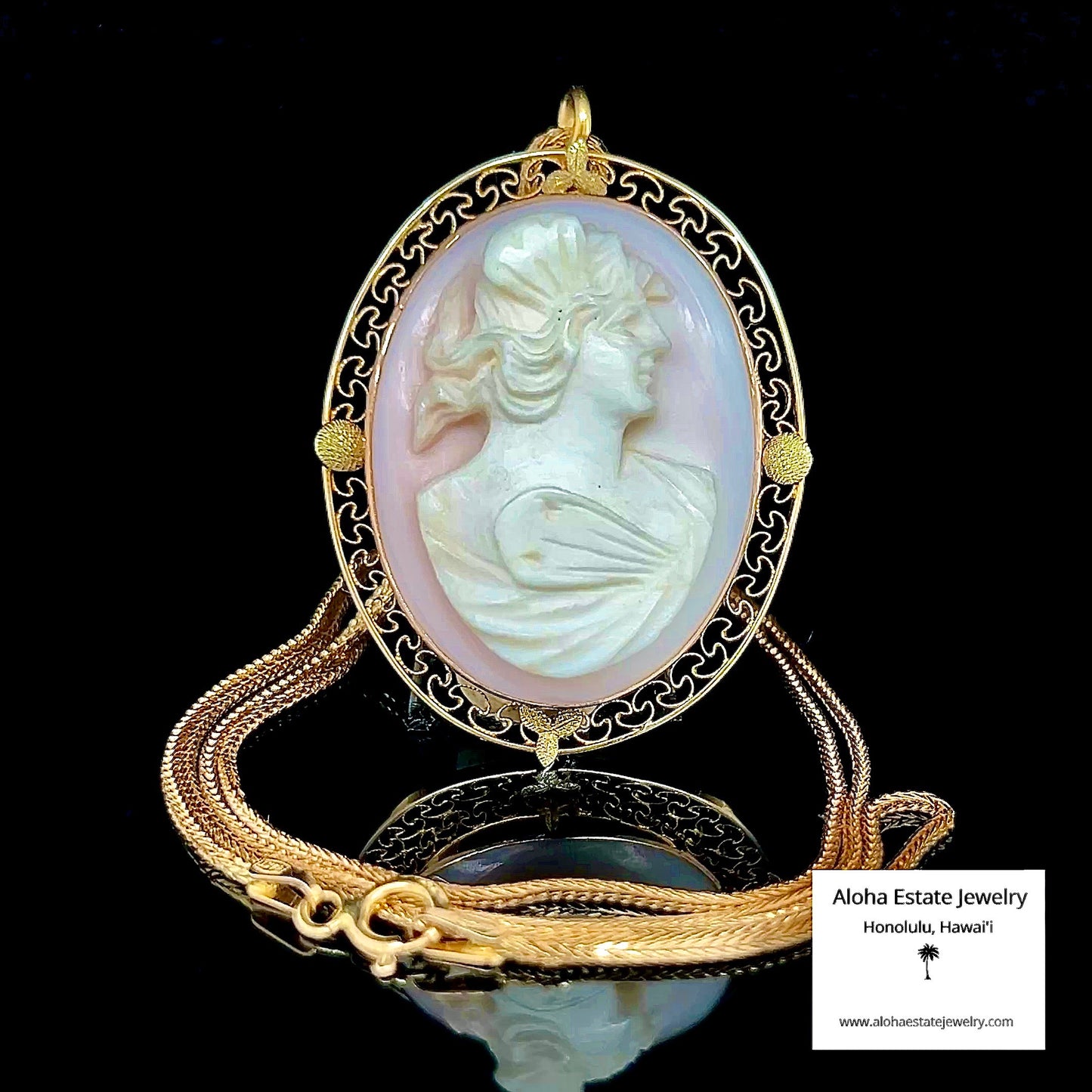 Lovely Mid-Century Hand-Carved Cameo in 10K with 14K Chain