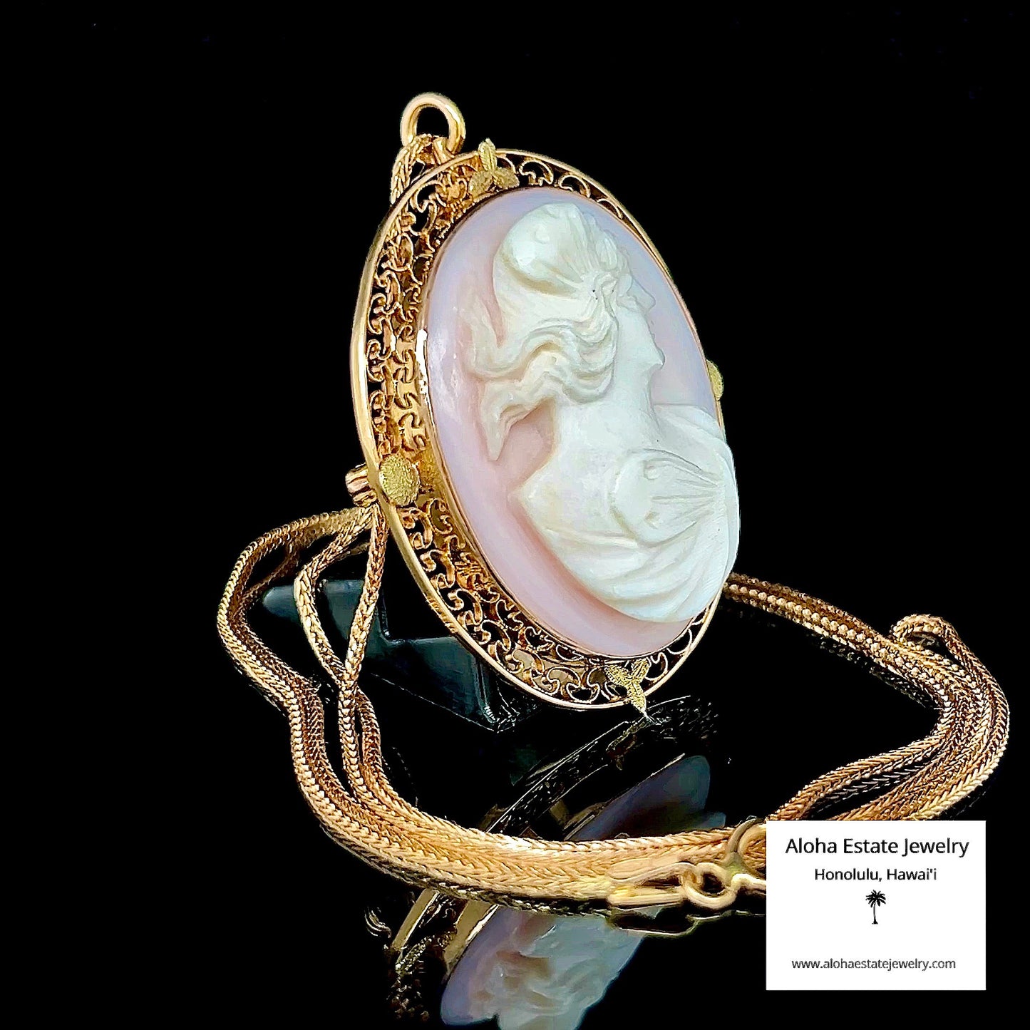 Lovely Mid-Century Hand-Carved Cameo in 10K with 14K Chain