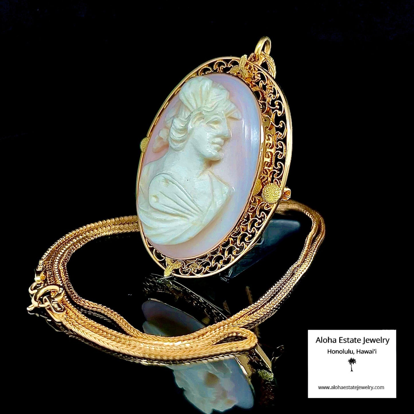Lovely Mid-Century Hand-Carved Cameo in 10K with 14K Chain