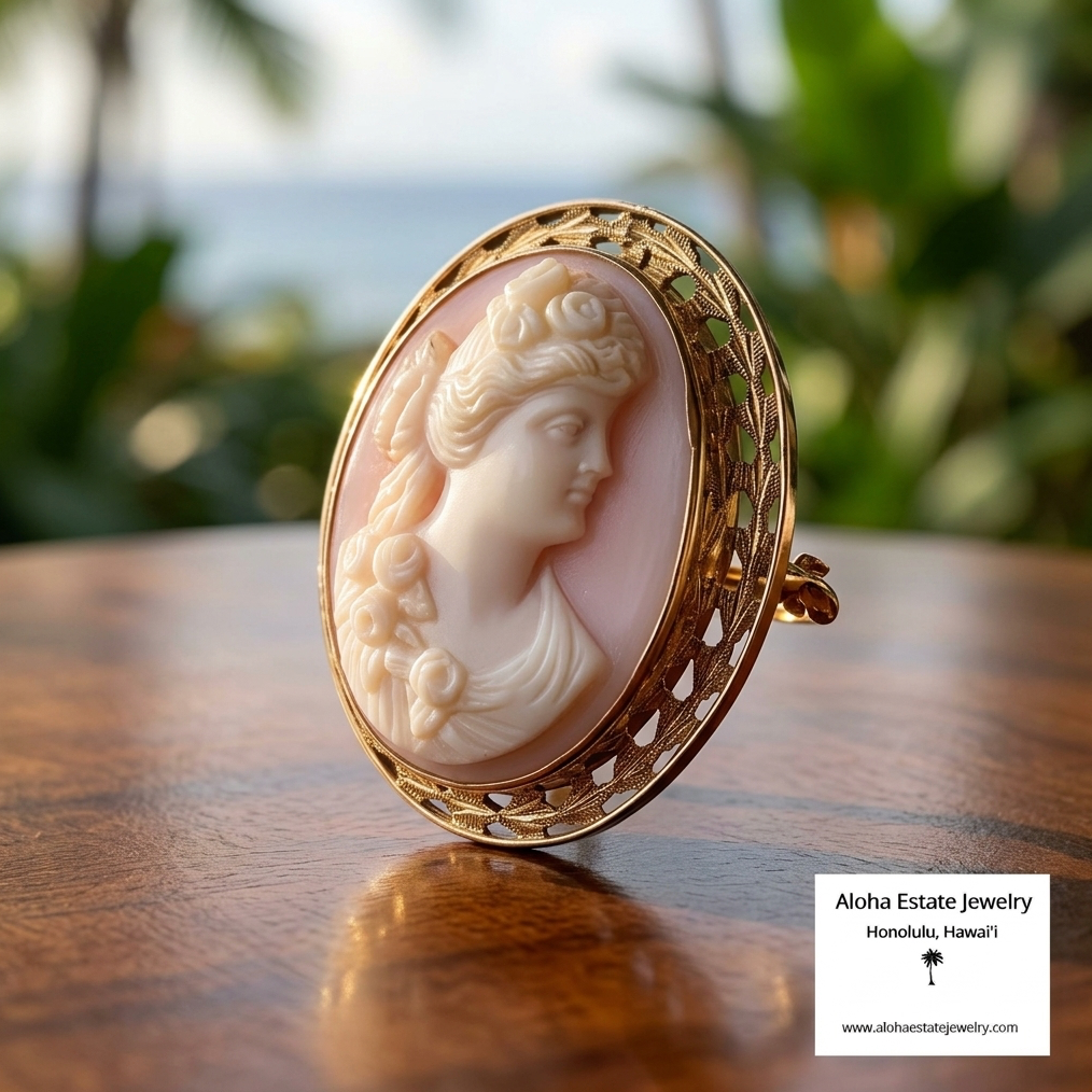 Vintage Hand Carved Conch Shell Cameo Brooch