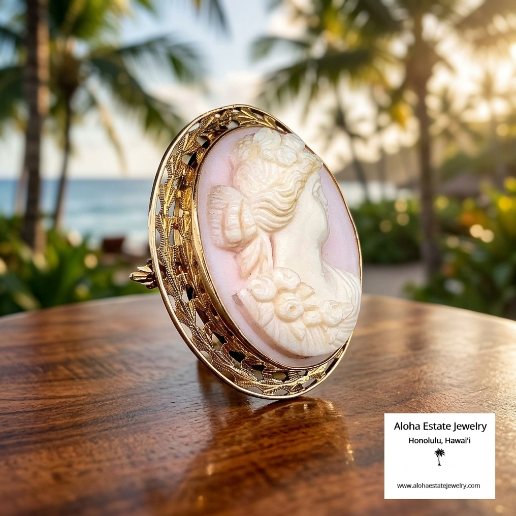 Vintage Hand Carved Conch Shell Cameo Brooch