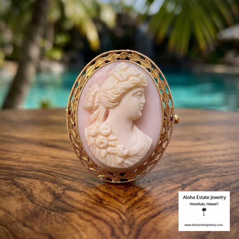 Vintage Hand Carved Conch Shell Cameo Brooch