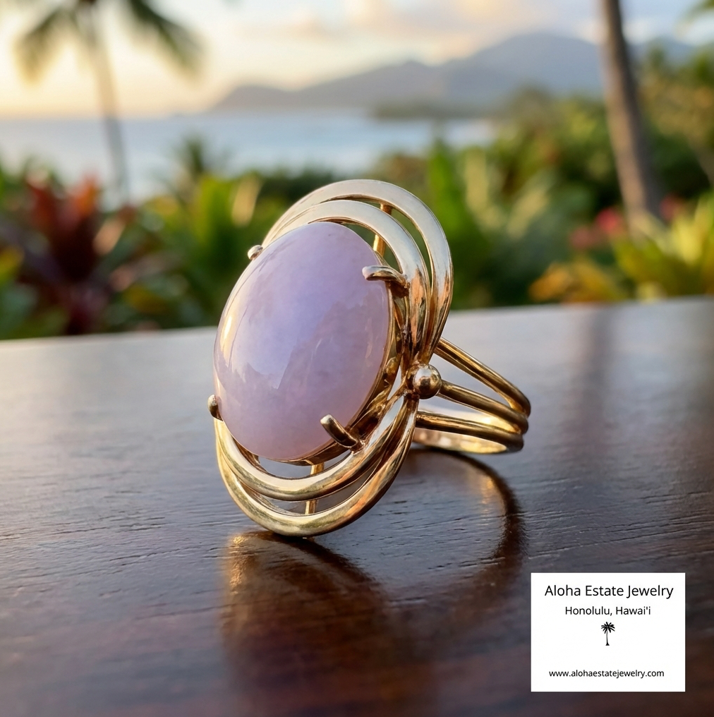 Vintage Mid-Century Lavender Jadeite Ring In 14K