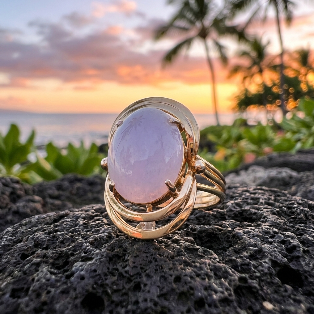 Vintage Mid-Century Lavender Jadeite Ring In 14K