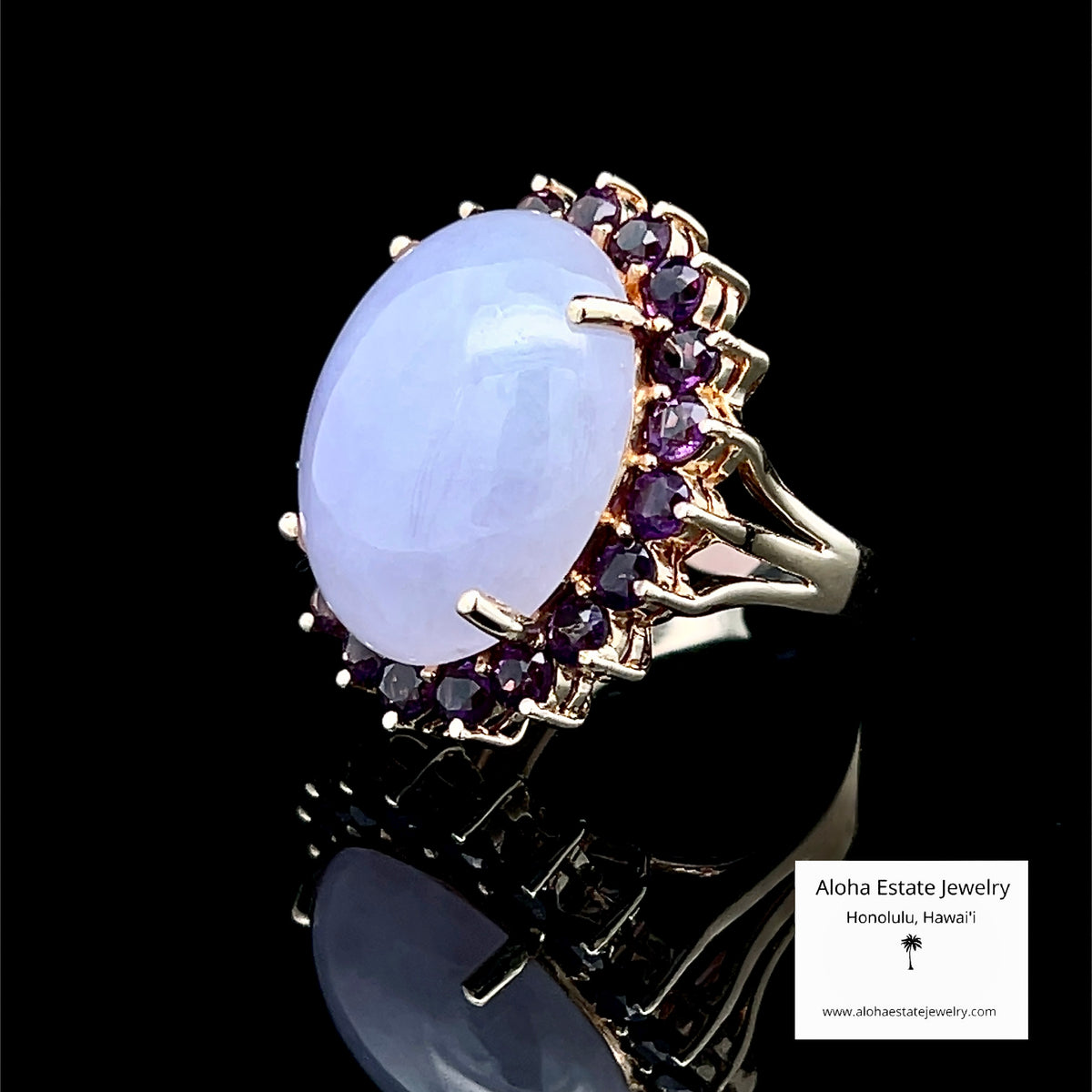 Vintage Lavender Jadeite & Amethyst Cocktail Ring, 14K Gold, 23 Carats