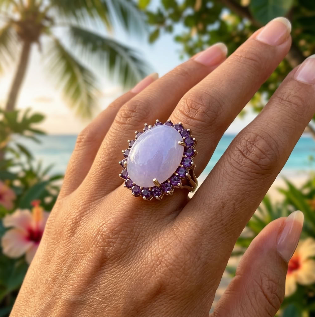 Vintage Lavender Jadeite & Amethyst Cocktail Ring, 14K Gold, 23 Carats