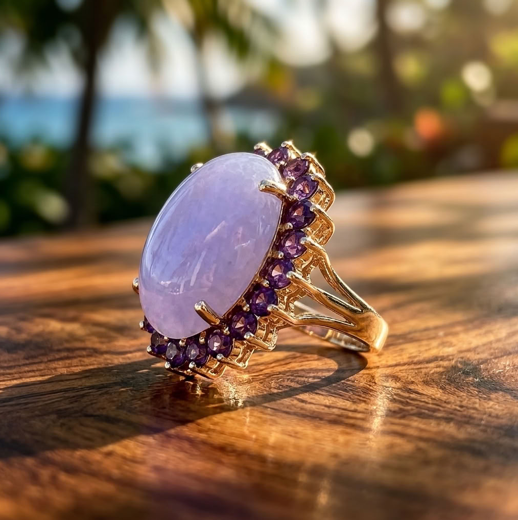 Vintage Lavender Jadeite & Amethyst Cocktail Ring, 14K Gold, 23 Carats
