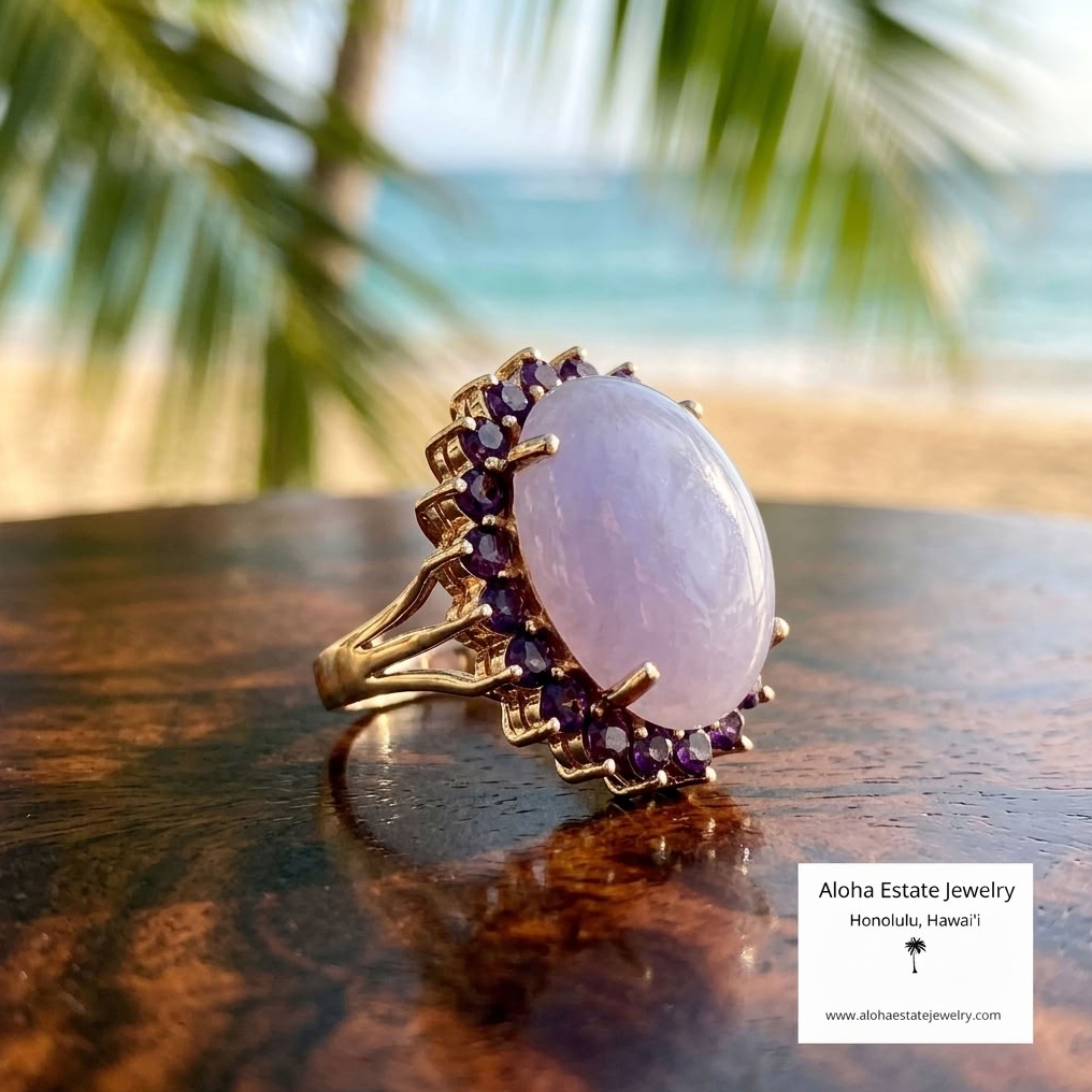 Vintage Lavender Jadeite & Amethyst Cocktail Ring, 14K Gold, 23 Carats
