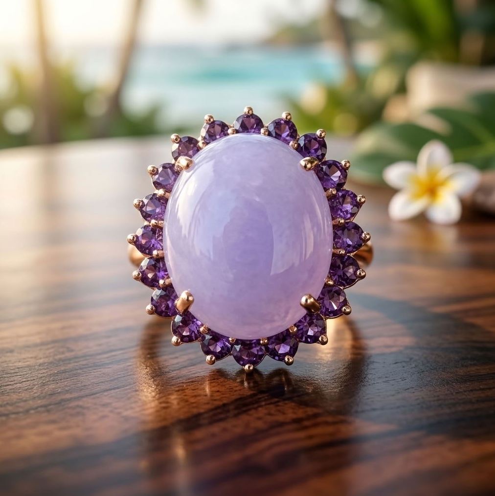 Vintage Lavender Jadeite & Amethyst Cocktail Ring, 14K Gold, 23 Carats