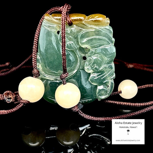 Vintage Corded Icy Jade "Bat Amongst Vegetables" Pendant