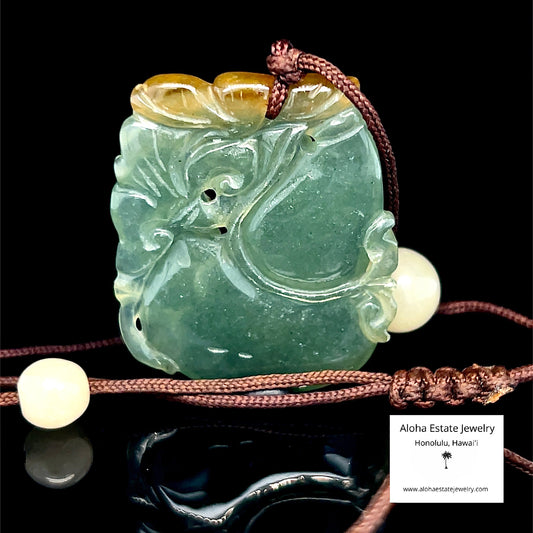 Vintage Corded Icy Jade "Bat Amongst Vegetables" Pendant