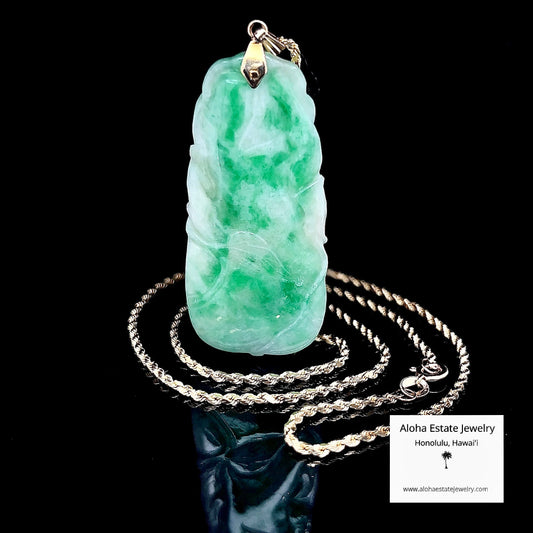 Vintage 14K Carved Leaf and Vine Jadeite Pendant