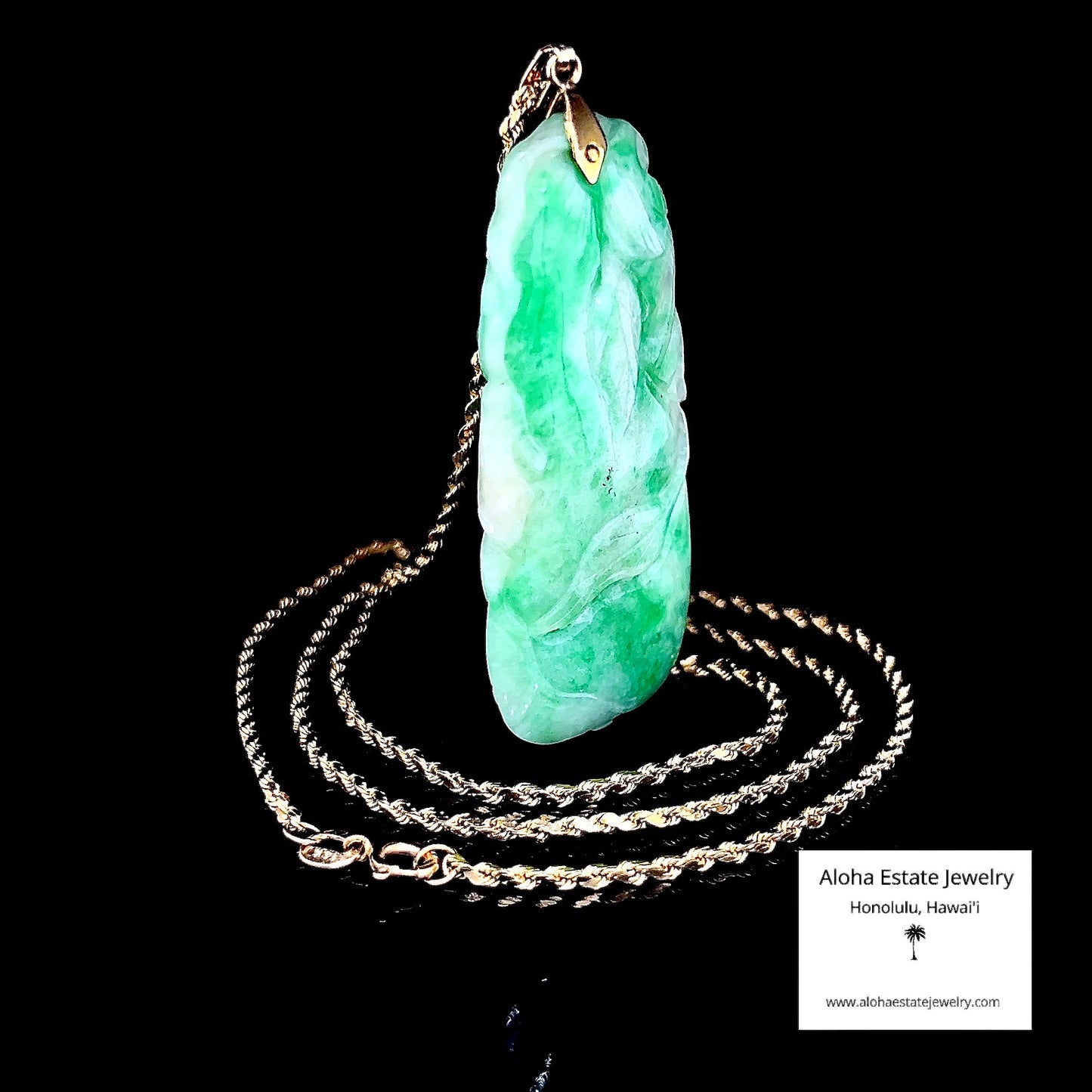 Vintage 14K Carved Leaf and Vine Jadeite Pendant