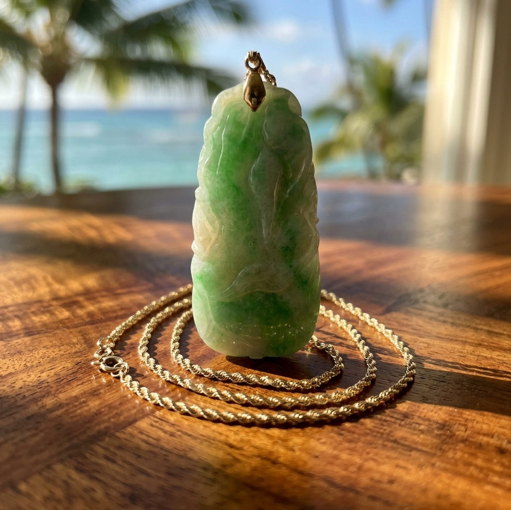 Vintage 14K Carved Leaf and Vine Jadeite Pendant