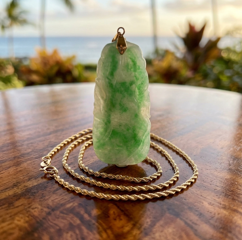 Vintage 14K Carved Leaf and Vine Jadeite Pendant