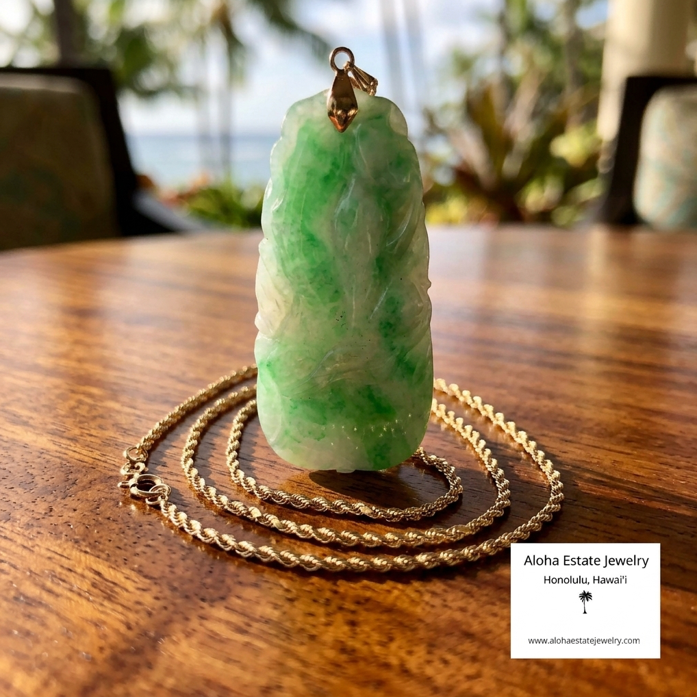 Vintage 14K Carved Leaf and Vine Jadeite Pendant