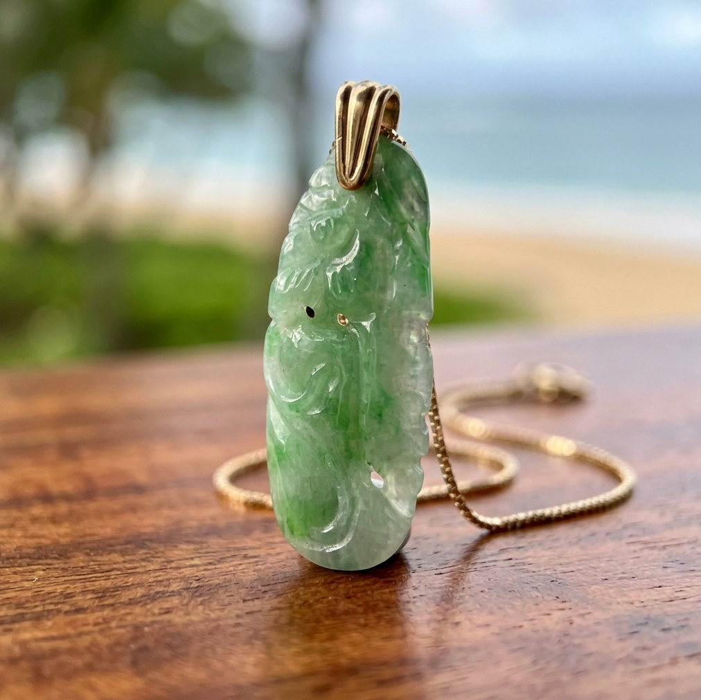 Vintage Jadeite 14k Pendant with Flower and Vine Design