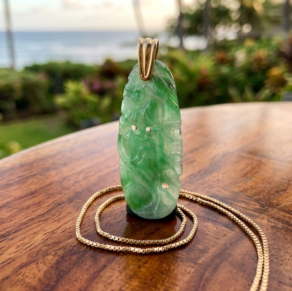 Vintage Jadeite 14k Pendant with Flower and Vine Design