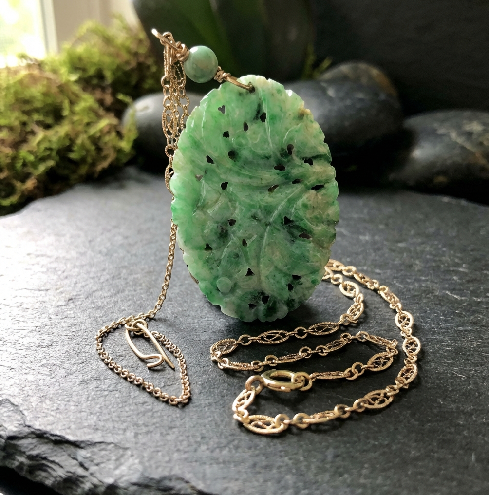 Antique Art Deco 14k Jade Sautoir Necklace