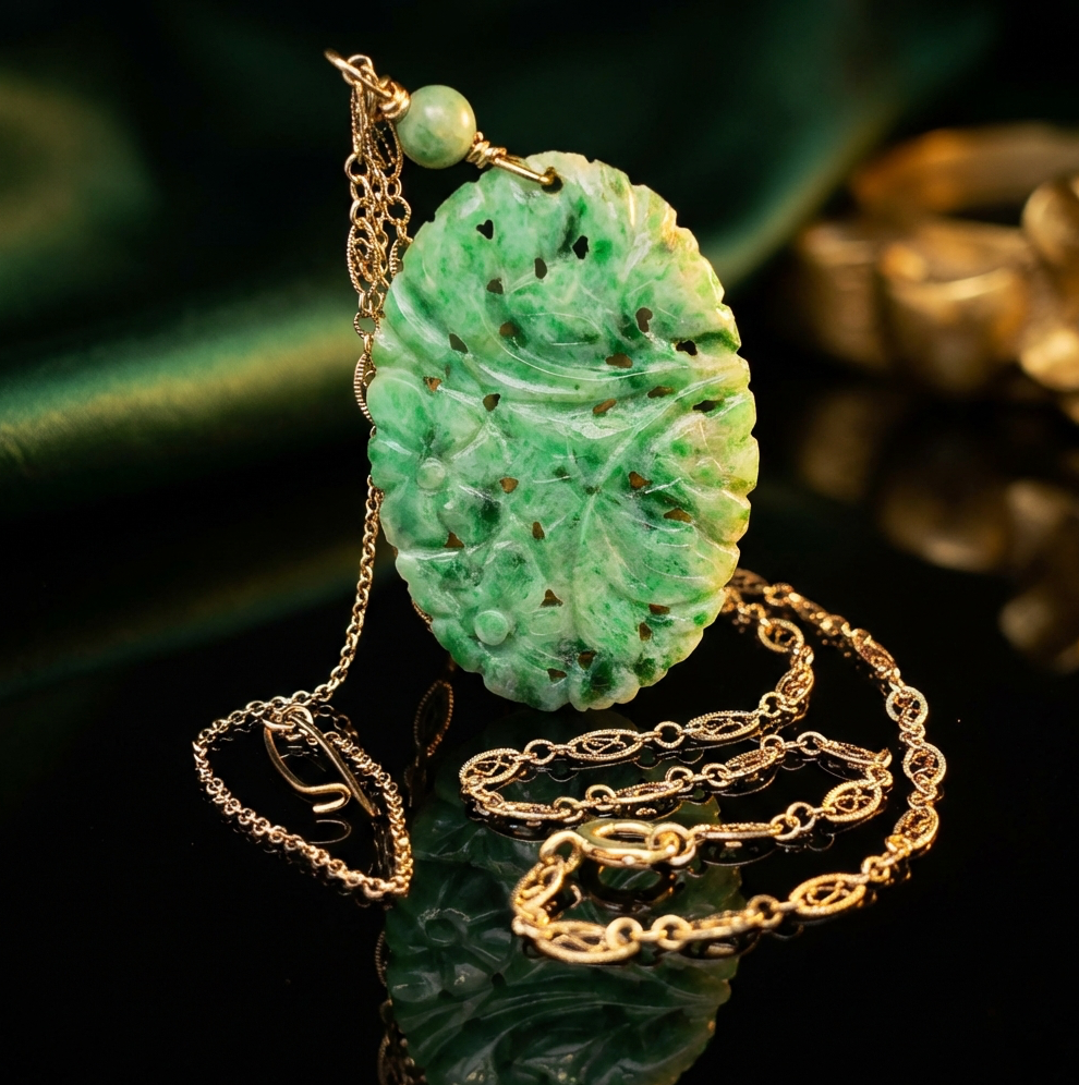 Antique Art Deco 14k Jade Sautoir Necklace