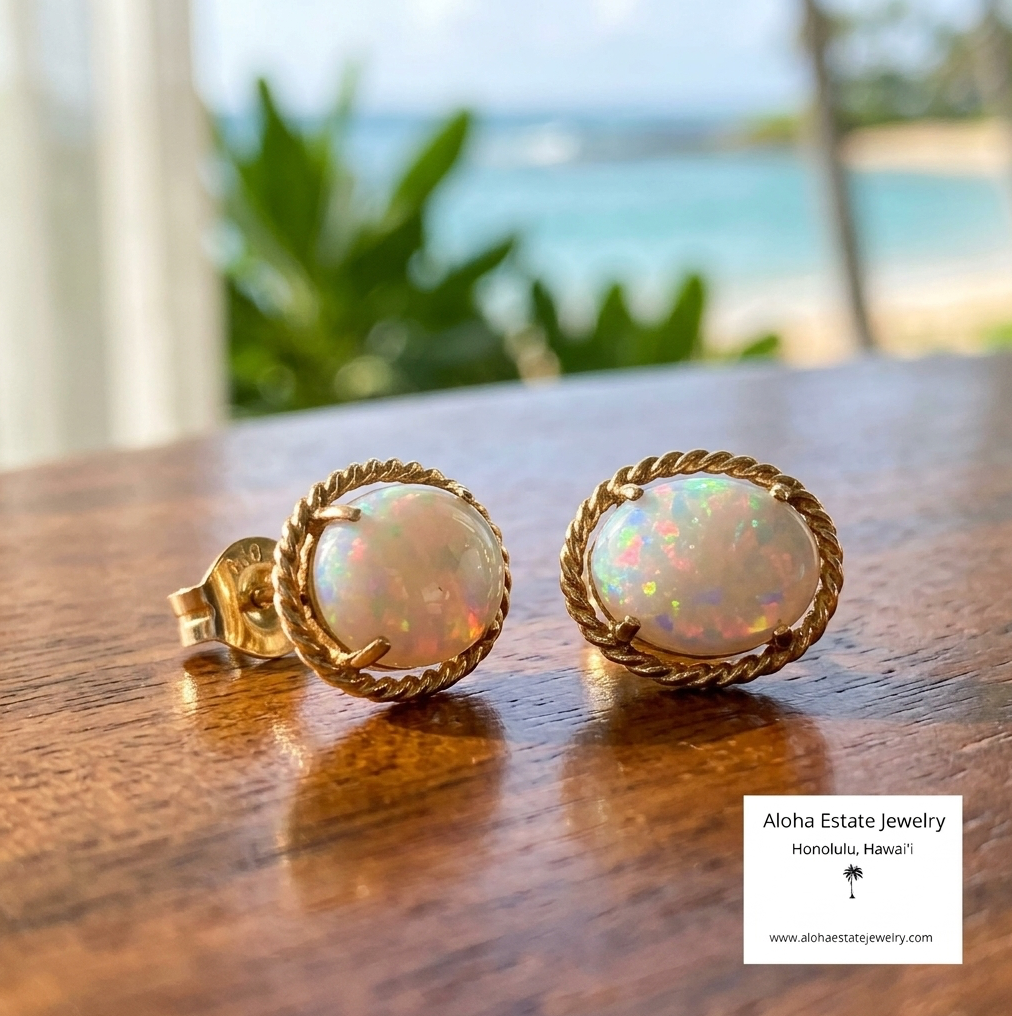 Vintage Australian Coober-Pedy White Crystal Opal Earrings
