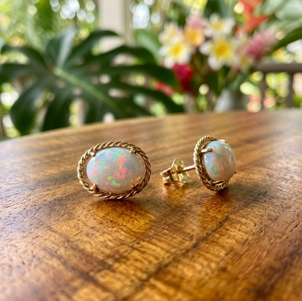 Vintage Australian Coober-Pedy White Crystal Opal Earrings