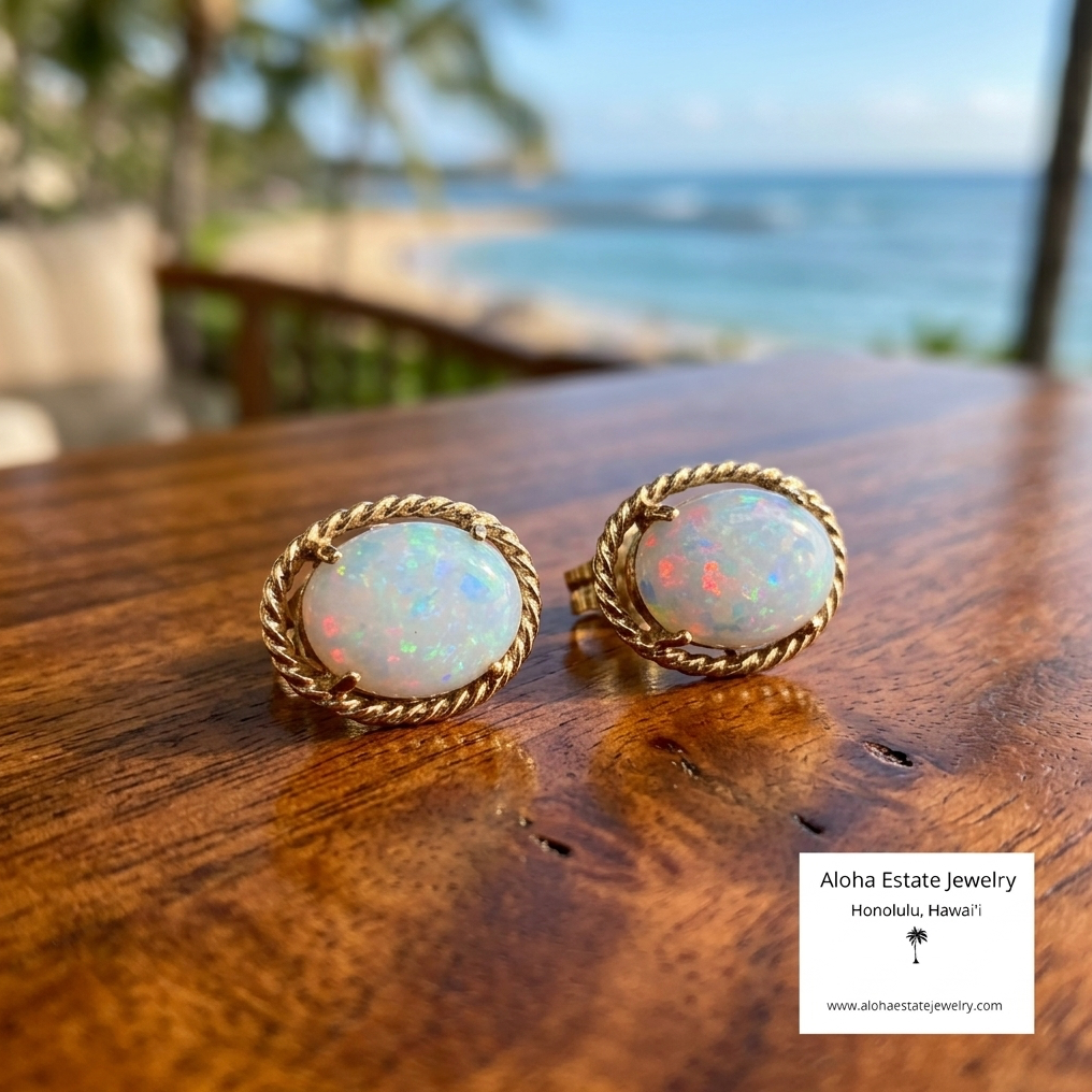 Vintage Australian Coober-Pedy White Crystal Opal Earrings