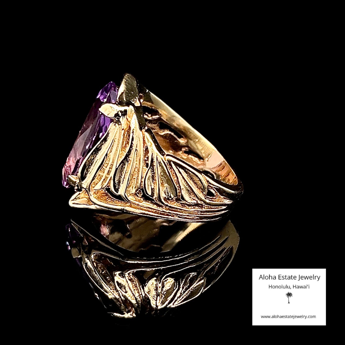 Hawaiian Custom 14k Yellow Gold Ti Leaf & Lavender Amethyst Statement Ring