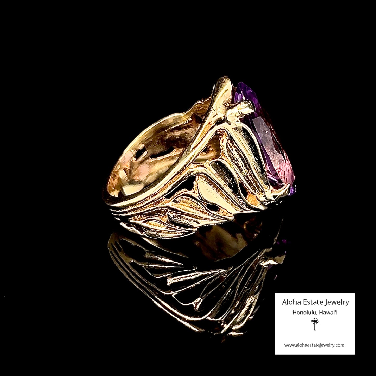 Hawaiian Custom 14k Yellow Gold Ti Leaf & Lavender Amethyst Statement Ring